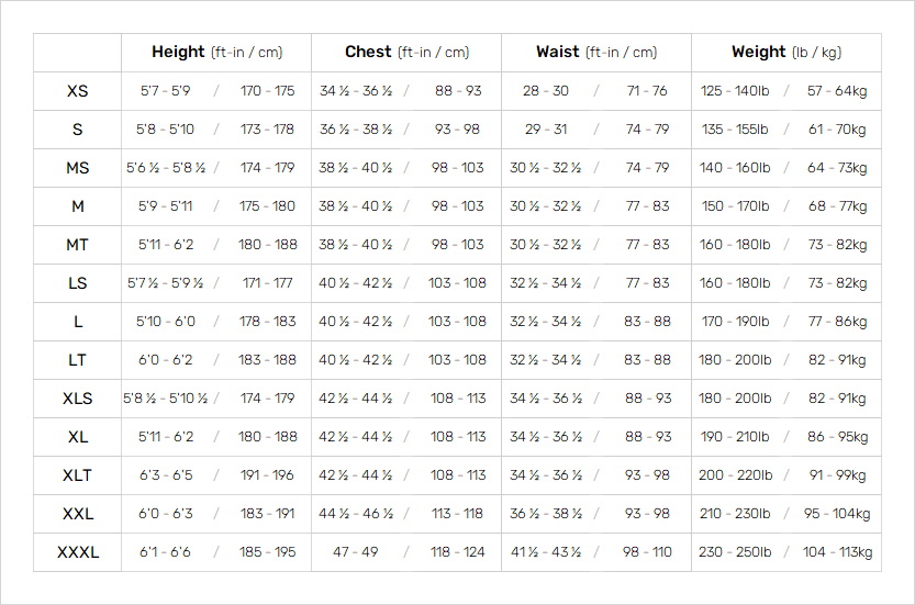 Size Chart for Mens Solu Yulex 3/2mm Chest Zip FL Wetsuit - Black